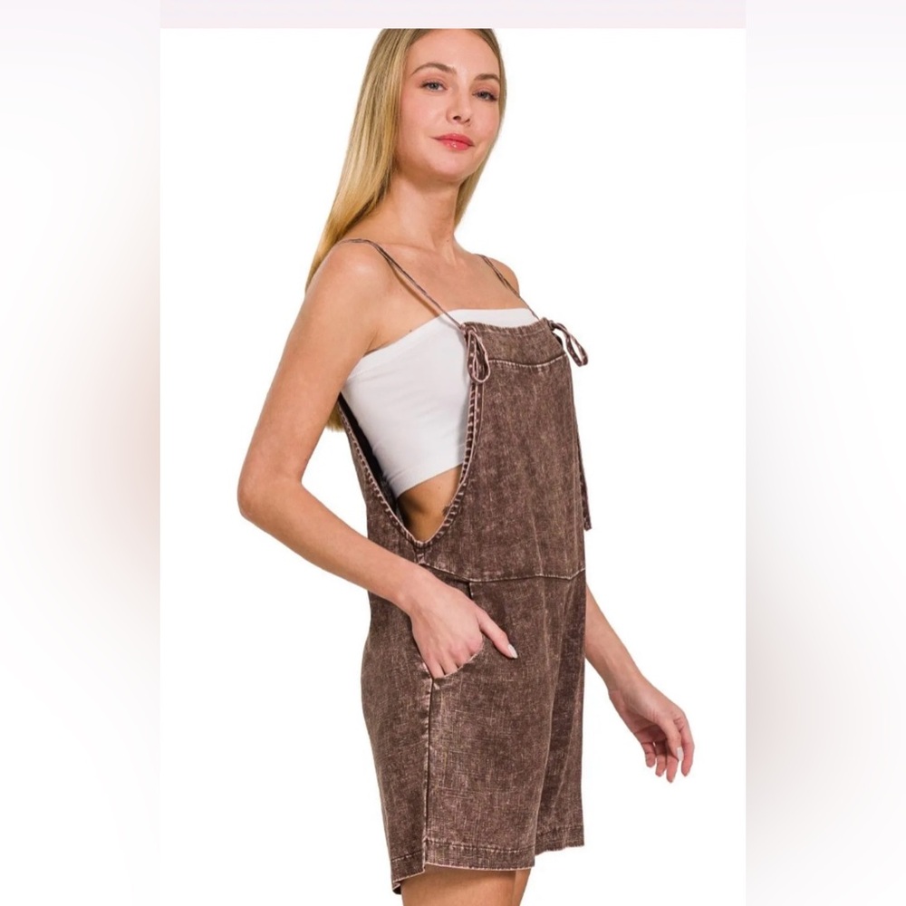 Zenana NWT Deep Brown Washed Linen Knot Strap Romper Pockets Medium - Picture 2 of 7